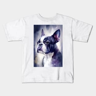 Adorable Boston Terrier Dog  Watercolor with Purple Ink Accents Kids T-Shirt